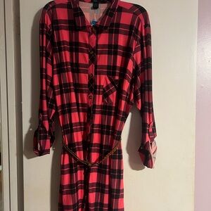 Pink and Black Plaid Shirt Dress with Belt